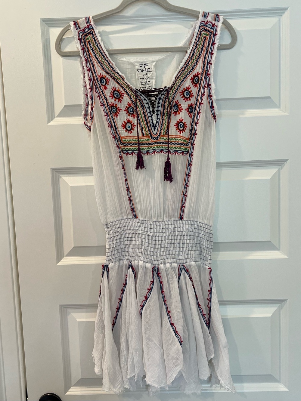 Free People FP One Fez Embroidered Gauze Mini Dress White Boho Tassel Small - Picture 6 of 11